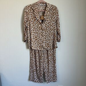 Van Winkle & Co Boho Brown Leopard Satin Wide Leg Pajama Set Large Animal Print